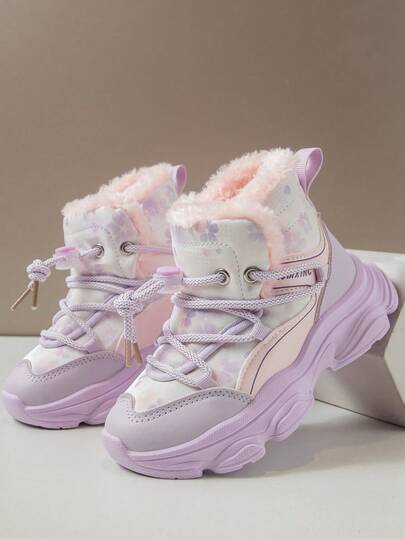 Kasut Salji Cetakan Asimetri Kanak-kanak Perempuan, Kasut Pendek Fesyen Untuk Musim Sejuk, Kasut Salji Luaran Kalis Air Panas Tebal Tinggi Atasan Kanak-kanak Besar, Kasut Kulit Perempuan Kanak-kanak Besar