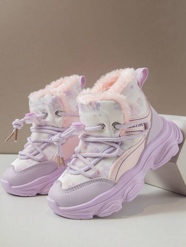 Girls' Asymmetrical Print Snow Boots, Fashion Short Boots For Winter, New Kids High-Top Thick Warm Waterproof Outdoor Snow Shoes, Big Children Girls Leather Boots