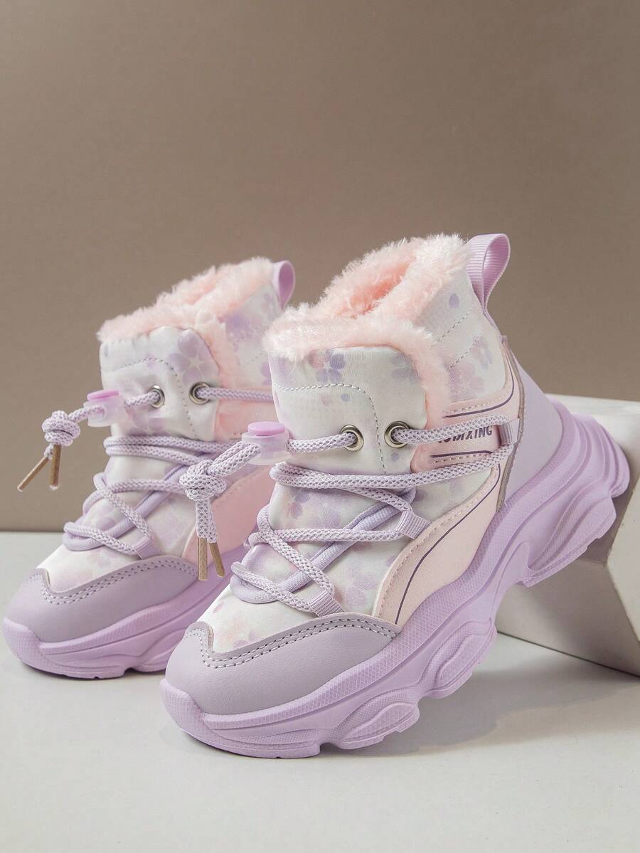 Girls' Asymmetrical Print Snow Boots, Fashion Short Boots For Winter, New Kids High-Top Thick Warm Waterproof Outdoor Snow Shoes, Big Children Girls Leather Boots