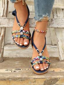 Women's Flat Sandals With Elastic Straps & Floral Design – Perfect For Beach Days And Travel,Plus Size Women's Sandals11 - 黑色 - 查看 3