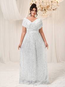 YISIKADO 大码女式亮片V领披肩短袖派对晚礼服 - 白色 - 查看 5