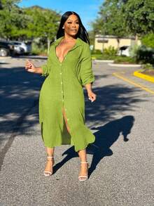 S391137 Đầm sơ mi dài đơn giản cài nút phía trước dành cho nữ mùa hè - màu xanh lá - Xem 5