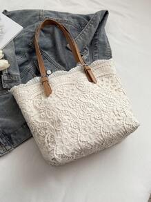 Lace Niche Design Fresh Literary Tote Bag With Bow, Fashionable And Simple Casual Handbag, Large Capacity And Highly Attractively Women's Shoulder Bag, Elegant Women's Underarm Bag, Suitable For Vacation Beach Commuting Daily Matching Photo Giving - Beige - View 10