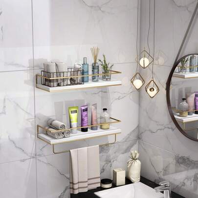 Estantes flotantes Shario blancos - Juego de 2, estantes para colgar en la pared con toallero dorado, estantes decorativos para baño, cocina, sala de estar y dormitorio (blanco)