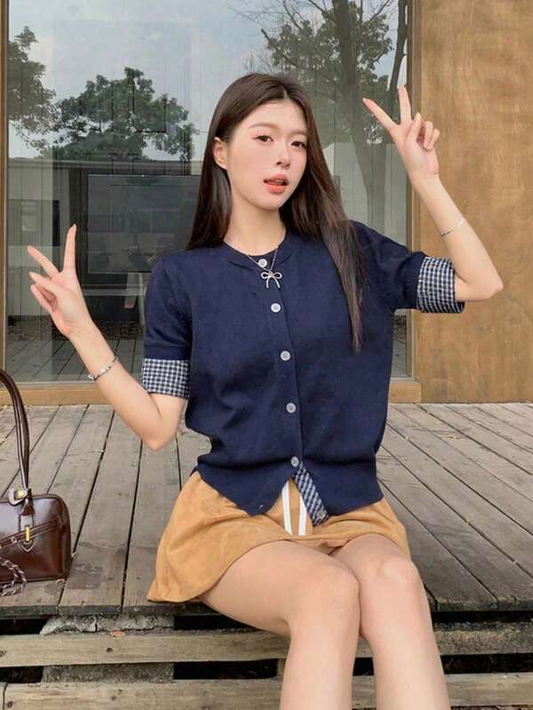 女士针织开衫单排扣上衣外套，撞色格纹春季款