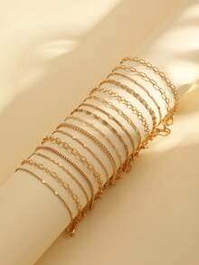 16/11pcs Fashionable Minimalist Elegant Vintage Design Layered Necklace Set, Geometric Heart Rhombus Box Chain Delicate Thin Chain Bracelet, Suitable For Holiday, Party, Date, Gift, Daily Wear - 金黃色 - 查看 3