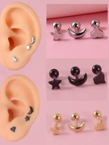 3pcs Moon & Star Detail Earrings - Silver - View 3