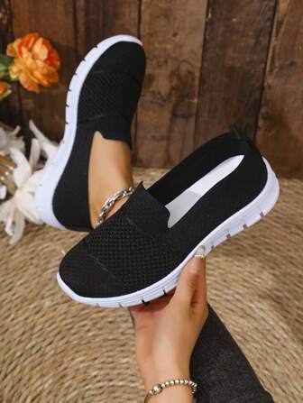 Baskets décontracté en tricot de couleur unie pour femmes, chaussures de sport polyvalentes et confortables pour l'extérieur, chaussures plates, printemps/automne