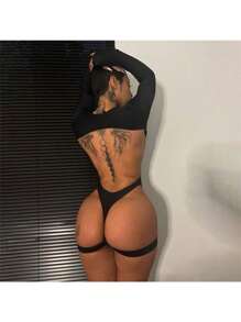 2025 Women's Sexy Slim-Fit Solid Color Bodysuit - Backless, Casual Long-Sleeve & Layering Style - 黑色 - 查看 4