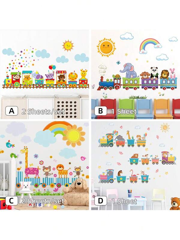 带有火车图案的可移除墙贴，动物卡通即撕即贴儿童房装饰贴纸，易于粘贴幼儿园艺术（返校主题）