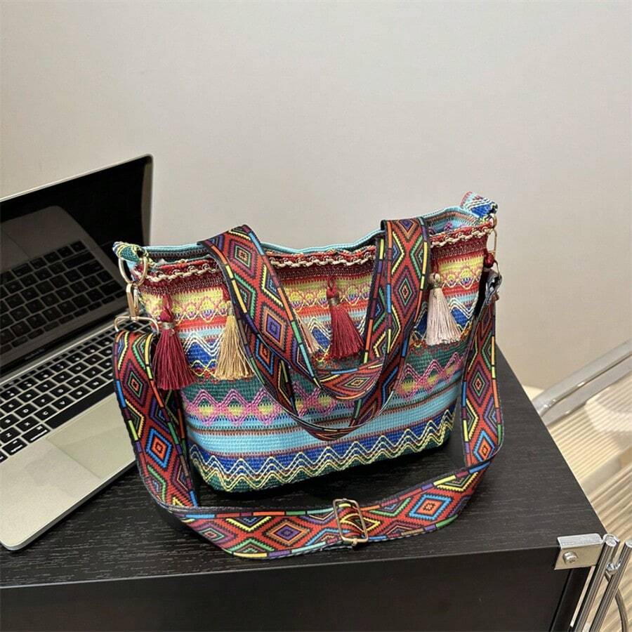 Ladies' Fashion Large Capacity Shoulder Bag Leisure Bag New Fashion Tote Bag Advanced Sense New Fashion Vegetable Basket Leisure Vacation Woven Handbag Tassel Cross Shoulder Women's Bag - 藍色 - 查看 1