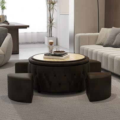 EBELLO 36" Wide Storage Ottoman Large With 4 Wheels,Round Storage Ottoman With Removable Lid, Coffee Table Seat Inside 4 Stools