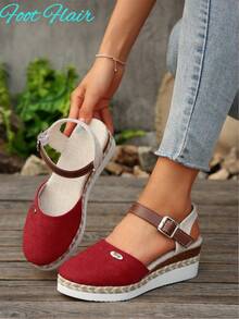 Sandalias de mujer talla grande con bloque de color, tira trasera sin espalda, suela de cuerda de cáñamo, plataforma ligera, cuña y estilo romano para playa y vacaciones - Rojo - Ver 4