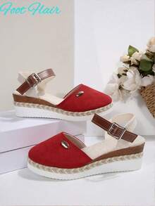 Sandalias de mujer talla grande con bloque de color, tira trasera sin espalda, suela de cuerda de cáñamo, plataforma ligera, cuña y estilo romano para playa y vacaciones - Rojo - Ver 7