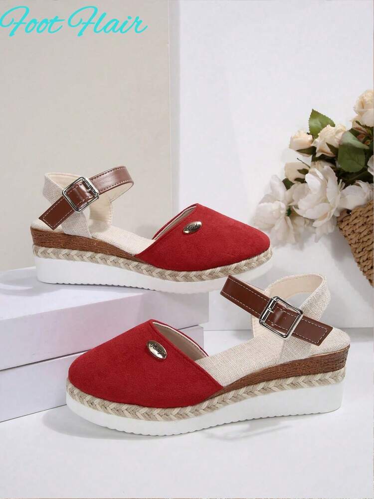 Foot Flair 女式加大码拼色系带露背麻绳鞋底凉鞋，轻质厚底坡跟罗马风格海滩度假凉鞋 - 紅色 - 查看 6