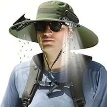 Men's Sun Hat With 2 Solar Fans, Fishing Hat, Wide-Brimmed Sunshade Hat, Suitable For Outdoor Summer Camping And Beach Use, Powered By USB And Solar Energy. - Green {Fan) - View 2