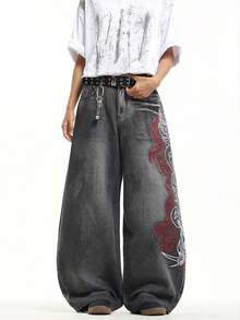 1 chiếc quần jeans Infinite Jeans kiểu Hồng Kông, thêu hoa 3D, thời trang, đa năng, dáng rộng, ống rộng, đã qua xử lý giặt, dành cho nam (Sản phẩm không bao gồm thắt lưng và phụ kiện) - màu đen - Xem 6