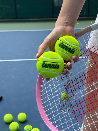 1pc Flocked Tennis Wireless Bluetooth Earphone Case (Comes With A Random Style Hook, Does Not Include The Pendant In The Image, And Comes With A Sticker To Prevent The Cover From Falling Off), Comfortable Touch, Cartoon Cute Silicone Shockproof Apple Earphone Case, Suitable For AirPods 1/2/3/4/Pro/Pro