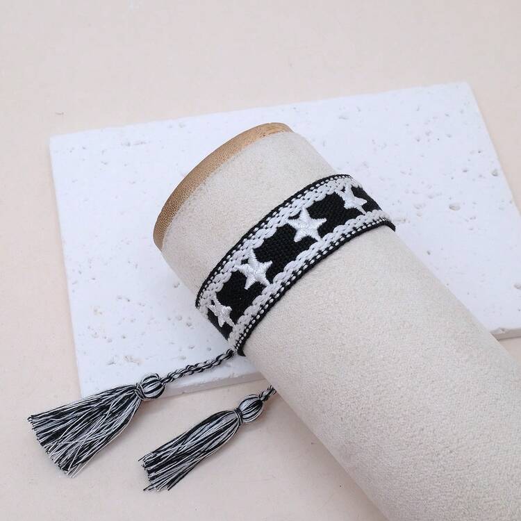 1pc Star Decor Handmade Braided Bracelet, Creative Embroidery Design, Suitable For Party, Beach, Travel, Gift For Friends, Family, Classmates - Black - View 6