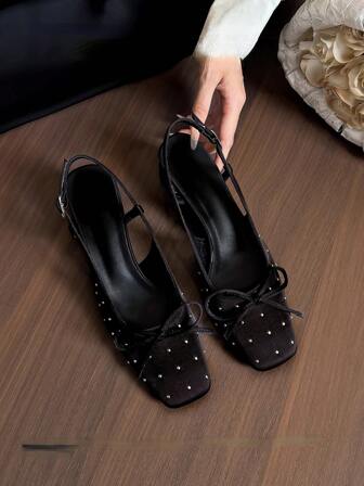 2025 Summer/Autumn New Black Square Toe High Heel Sandals Women, Rhinestone Bowknot One-Strap Satin Thick Heel Open Toe Black High Heels