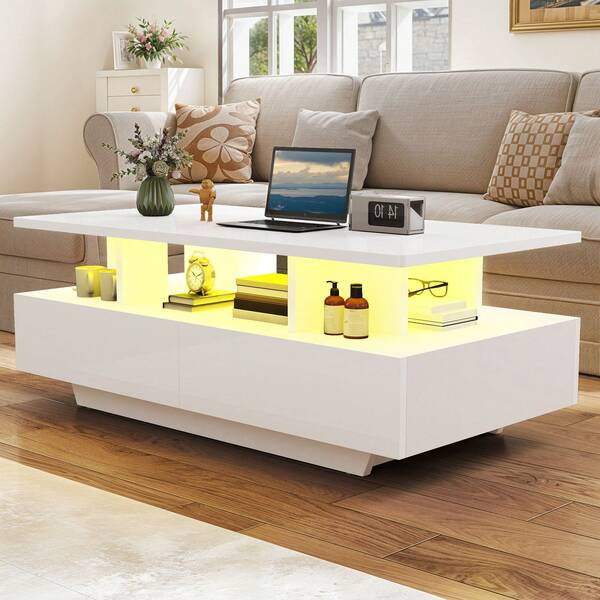 Coffee Table With Storage, High Glossy 16 Colour Adjustable LED, Open Display Shelf & 4 Drawers, White