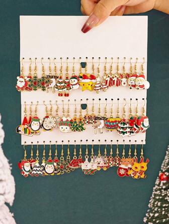 20pcs Christmas Cartoon Alloy Drop Oil Earring Set, Funny Santa Claus, Christmas Tree, Snowflake, Gingerbread Man, Reindeer Gift Box Earrings, Christmas Gift Set