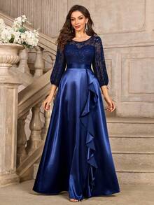 MIUSOL Floral Lace Contrast Satin 3/4 Sleeve Ruffle Formal Party Long Dress, For Dinner, Wedding Guest Dress, Graduation - Navy Blue - View 2
