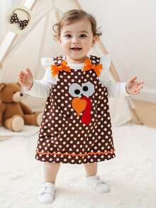 Infant Baby Girl Clothes Set Long Sleeve Solid Color Romper And Turkey Embroidery Dot Dress With Headband 3Pcs Outfit - White - View 1