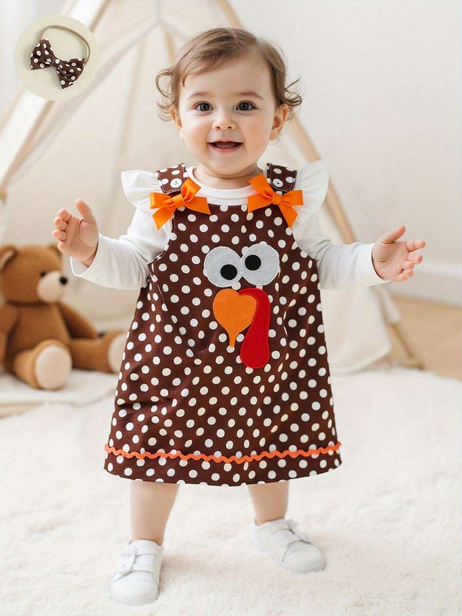 Infant Baby Girl Clothes Set Long Sleeve Solid Color Romper And Turkey Embroidery Dot Dress With Headband 3Pcs Outfit - White - View 1