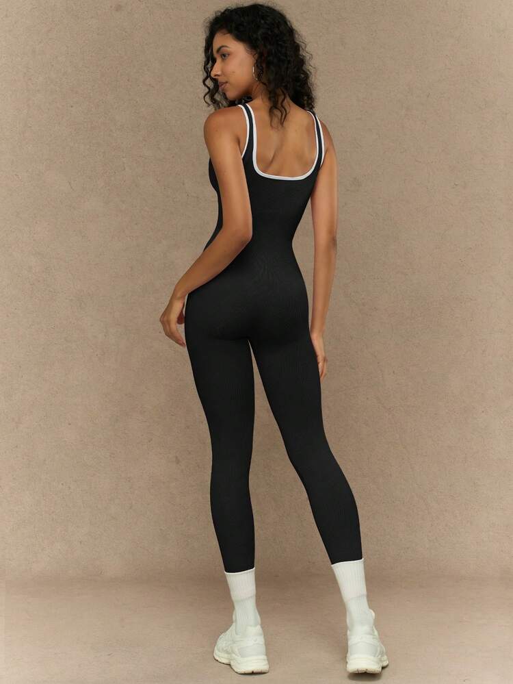Black & White Solid Backless Seamless Ribbed Tight-Fitting Jumpsuits For Woman,Breathable Scoop Neck Sleeveless Seamless Slim , Ladies Sportswear For Indoor Outdoor Wear Workout Sporty, Stylish Activewear - Black - View 4