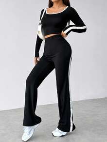 Conjunto de dos piezas de pantalón y top corto de manga larga con contraste de color para mujer, estilo deportivo e informal, adecuado para otoño e invierno. - Negro - Ver 5