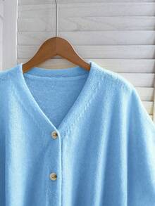 FOR BEAUTY Spring/Summer New Blue V-Neck Button Short Sleeve Top, Oversized Knit Cardigan With Dropped Shoulder Design, Lightweight Knit Sweater, Suitable For Women Casual/Holiday, Must-Have For New Year - Water Orchid - View 9