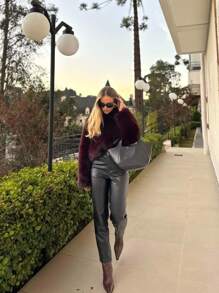 Camellia New Autumn/Winter Women's Fashion Casual Minimalist Faux Fur Effect Jacket - Burgundy - View 9