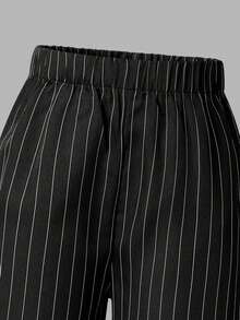 2pcs/Set Fashionable Girls' Spring/Autumn Outfit, Including Collared V-Neck Colorblock Long Sleeve Top And Striped Elastic Waist Straight Leg Pants, Elegant Suit Style, Comfortable And Versatile For Outdoor, Party, Afternoon Tea, Birthday Gift