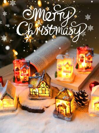 1 Piece Of Christmas Luminous Cute Mini Resin House Light, European Style House, Christmas House Light, Shop Decoration, Simulated Small House, Cute Small Gifts, Holiday Party Props, Christmas Gifts, Windowsills, Cabinets, Fireplaces, Christmas Tree Decoration, Bedroom Bedside Lamps, Atmosphere Lights, Family Christmas Decoration,