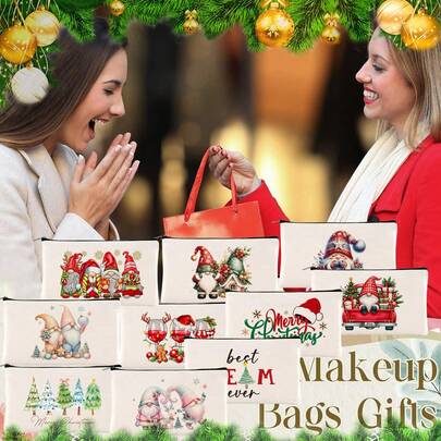 1/5/10/20pcs Set Tas Kosmetik Bertema Natal & Tahun Baru dengan Motif Santa Claus, Elf, dan Pohon Natal, Kantong Penyimpanan Serbaguna, Tas Kemasan Hadiah, Tas Permen dan Camilan, Tas Kosmetik Portabel, Tas Alat Tulis, Dekorasi Rumah, Peng organizer Perhiasan