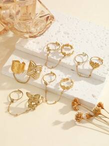 1PC Fashionable Unique Personalized Finger-Linked Stainless Steel Gold-Plated Open Adjustable Ring For Women Exquisite Waterproof Daily Wedding Party Jewelry Gift