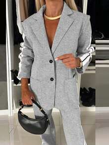 大码女式休闲时尚通勤轻运动风格侧条纹装饰长袖西装外套和裤子两件套西装套装 - 涤纶，可机洗，适合春秋季节。 - 灰色 - 查看 5