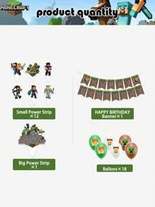 Minecraft 19 件  官方授权生日装饰气球套装，包括气球和旗帜横幅卡通主题场景设置生日派对用品节日装饰精美拍照背景装扮饰品