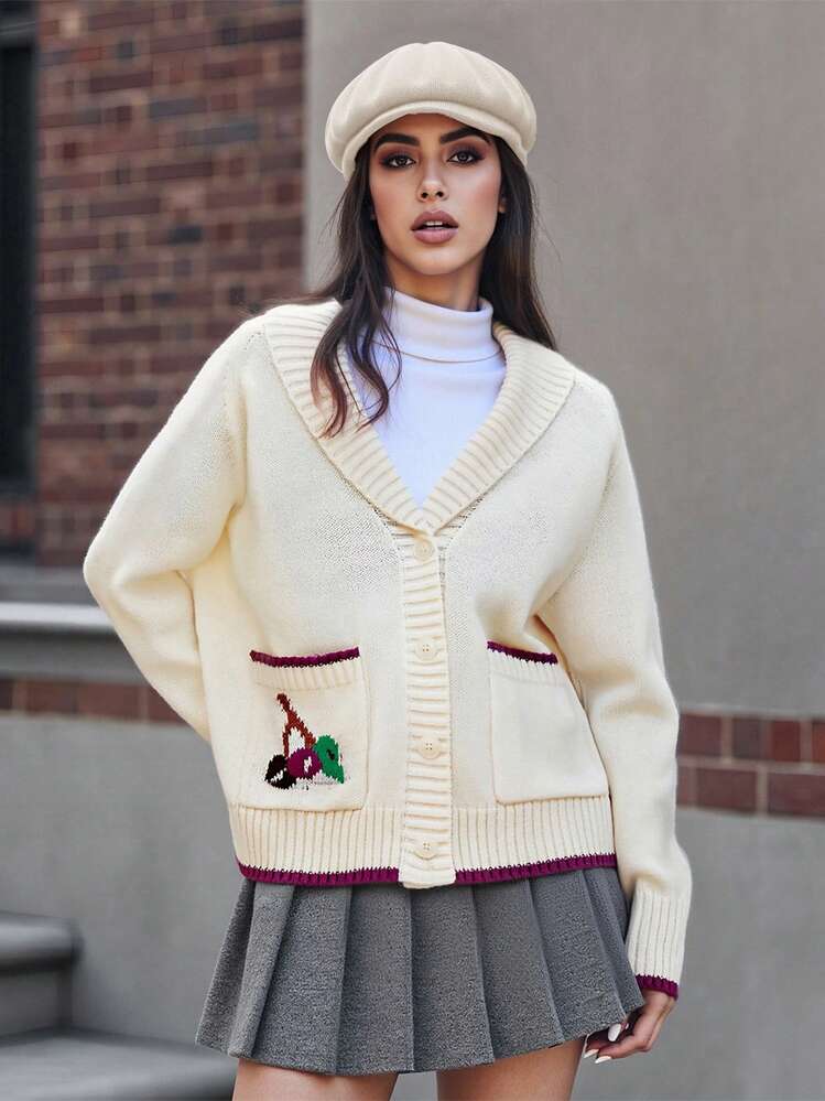 Women Button Up Sweaters Casual Cherry Pattern Long Sleeves Knit Cardigans Warm Fall Knitwear For Streetwear - Ngà voi - Xem 4
