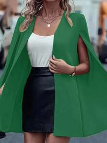 绿色无袖斗篷开衫，时尚优雅百搭女士斗篷夹克 - 綠色 - 查看 4