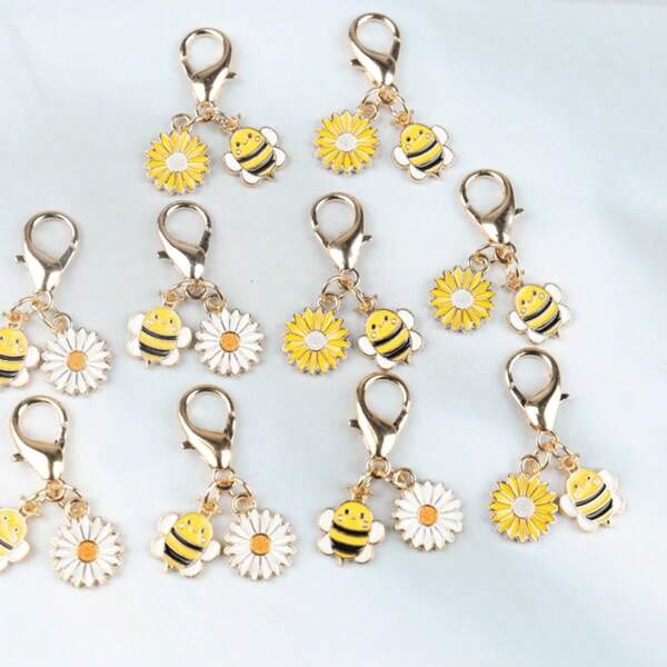 10pcs Whimsical Daisy Bee Flower Keychain Set, Bee Pendant Inspirational Gift For Bag And Clothing Accessories, Keychains