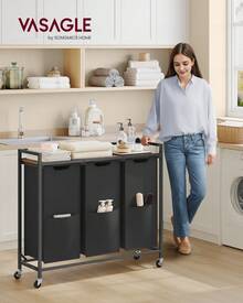 VASAGLE Laundry Sorter, 43.5 Gal. (165 L) Laundry Hamper Basket With 3 Compartments, Rolling Cart With Wheels, Shelf, Removable Bags, Pockets - 墨黑色+鄉村棕 - 查看 1