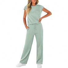 Sets For Women Casual Summer Travel Vacation Outfits Cap Sleeve Lounge Set - Kem Xanh - Xem 3