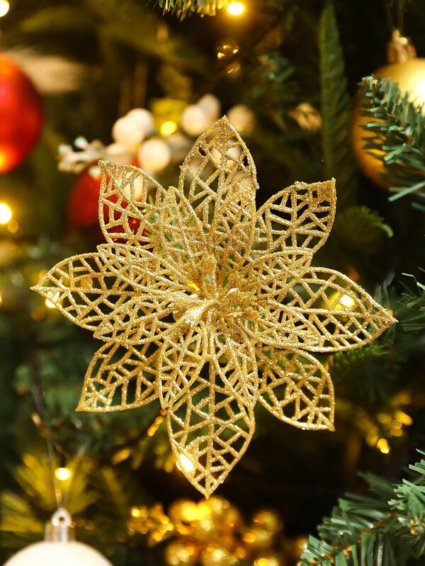 20pcs/10pcs/1pc Christmas Tree Ornaments, Poinsettia Christmas Tree Decorations, Christmas Decorations, Glitter Artificial Poinsettia Flowers, DIY Wreath, Home Decor, Wedding Party, Christmas Gift Decorations, Christmas Decorations, Holiday Party Decor, Christmas/Holiday/Seasonal/Wedding Christmas Tree Decorations, Sparkling Christmas Wooden Twig Decorations