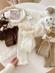 1双秋冬蕾丝长筒袜，洛丽塔蝴蝶结芭蕾舞风格，可爱腿套，异域风情Y2K，舒适 - 彩色 - 查看 12