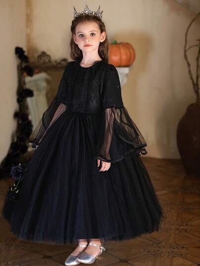 Girls' Black Long Sleeve Lace Dress, Tulle Performance Costume, Suitable For Halloween