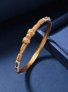 1pc Luxurious Style Copper Drop Oil Light Blue Fine Circle Pattern Bow Knot Decorated Open Bangle Bracelet For Women, Suitable For Dubai Wedding Valentines,Mom,Mother,Mother's Day,Gift