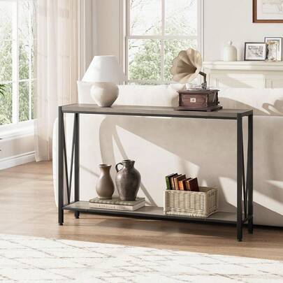 Grey Console Table, 42.9" Grey Entryway Table with Storage, Wood and Metal 2-Tier Narrow Long Sofa Table with Shelf, Behind Couch Table, Console Table for Entryway, Living Room