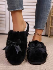 女士简约休闲可爱蝴蝶结毛绒套脚拖鞋，包头设计，轻便柔软鞋底，保暖内里，适合客厅和卧室穿着，春秋季款 - 黑色 - 查看 6
